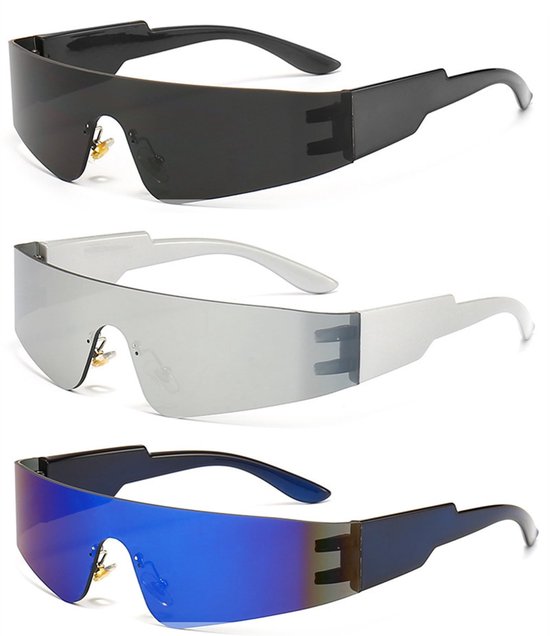 Allecto - Y2K zonnebril - UV bescherming - Retro punk stijl - Zwart, Blauw, Zilver - Randloos ontwerp - Beschikbaar in maat L - Geschikt voor heren... van Merkloos