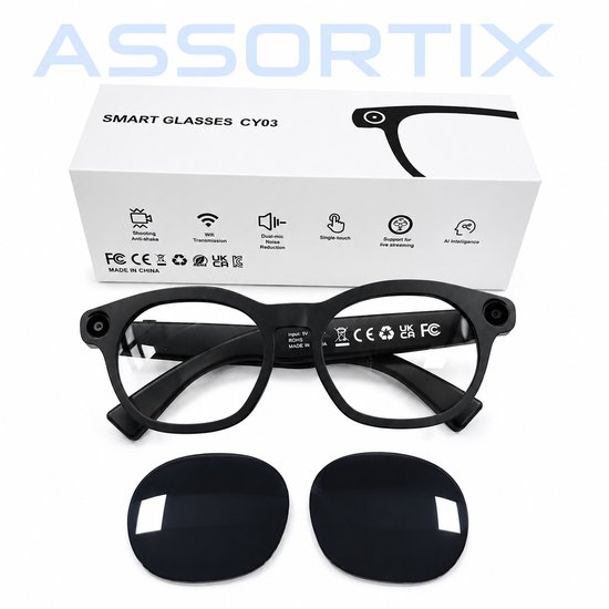 Assortix Camera Bril met AI – 8MP Camera – AI Vertaling – Bluetooth Bellen – Open-Ear Audio – Spraakassistent – Zwart