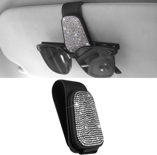 Auto assecoires - Zilverkleurig - Magnetische Zonnebrilhouder met Leer en Strass - Voor Auto Vizier