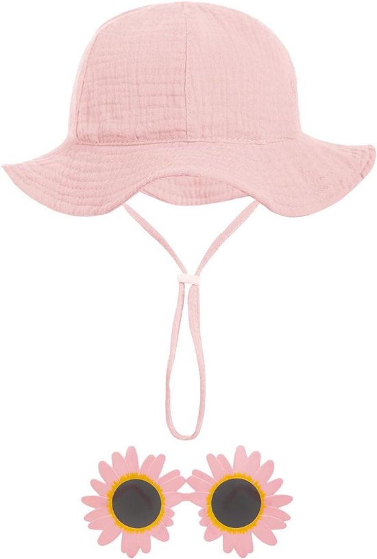Baby Zonnehoed - Zonnebril Set - Buitenactiviteiten Bescherming - Bloemvormige Bril - 10 cm - Roze