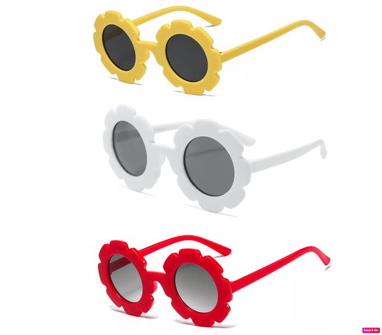 Babycure kids zonnebril | Rood, Wit, Geel | 3 kleuren brillen | Hippe flower sunglass | Stoer voor kinderen van Babycure
