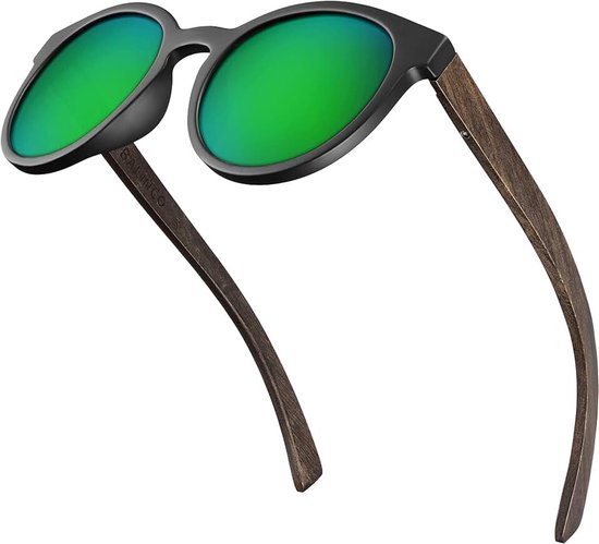 Bamboo zonnebril met ronde gepolariseerde glazen - in praktische accessoireset incl. geschenkverpakking - met UV400 bescherming & TAC glazen - geschikt voor mannen & vrouwen