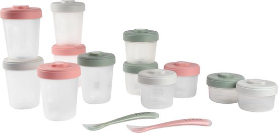 Béaba - Bewaarpotjes Set - Babyvoeding bewaarbakjes - Inclusief 2 Lepels - Groen/Roze - BPA-vrij - 12 Stuks (2x90ml, 4x150ml, 6x250ml) van Béaba