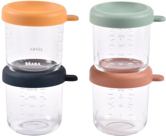 Béaba Set Glazen Bewaarpotjes - 4 x 250 ml - Hittebestendig & Hermetisch - Colormix van Béaba