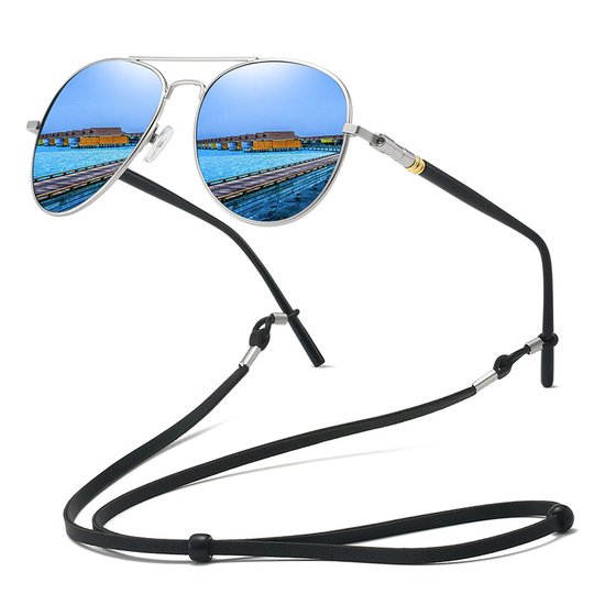 Blauw lens Piloten Zonnebril | Aviator Zonnebril | Retro & Classic Bril | Festival , Rave Bril | Carnavalsbril | Zonnebril Dames & Heren | Spiegelende blauwe lens | Zilver / Zwart montuur | Trendy Party & Outdoor Bril + brillen koord , sleeve & doek