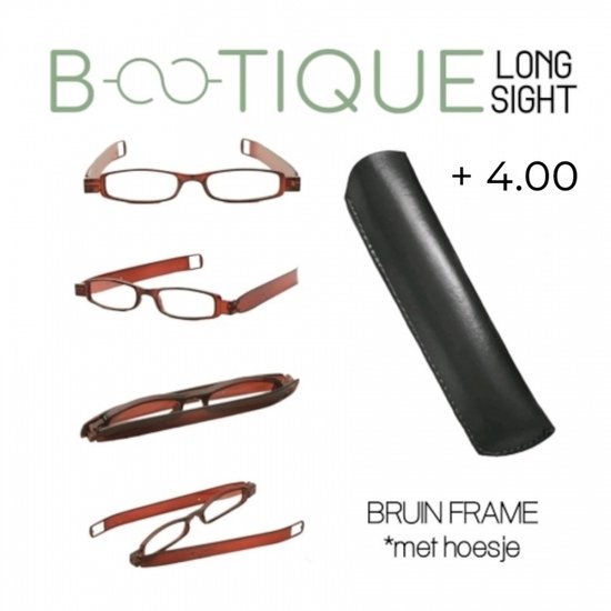 BLS (Bootique Long Sight) - Modieuze bruine, platte, smalle en vouwbare leesbril in zwarte pu-leder etui - DPD +4.00 kunststof lens / brillenglas - volwassenen jeugd - unisex - casual van $