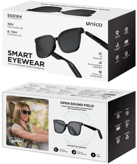 Bluetooth Audio Zonnebril – Urban Design – Draadloze Muziek & Bellen – UV400 Bescherming – Open-Ear Audio – Smart Glasses voor Wandelen & Autorijden – Zwart van Merkloos