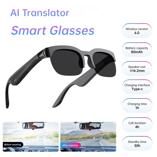 Bluetooth Smart Bril - Real-time AI Vertaler & Handsfree Bellen - Audiobril met UV-Bescherming, Sportieve Bluetooth Hoofdtelefoon, Draadloze Oordopjes voor Mannen en Vrouwen van Timekettle