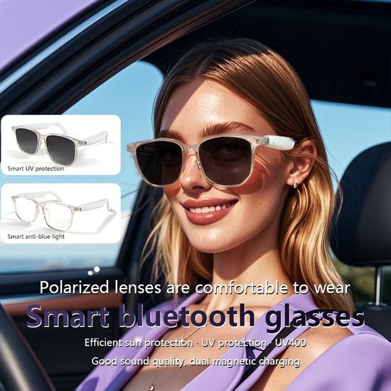 Bluetooth Zonnebril-Smart Glasses - Zonnebril Bluetooth - Ingebouwde Speakers voor muziek-Smart touch - bilateral magnetic charging - active noise reduction - Gepolariseerd Glas - Lichtgewicht-Bluetooth 5.3-unisex-wit van $