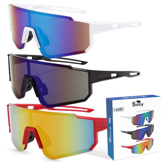 Boncy® Cyclone Zonnebril Heren & Dames - Zonnebrillen 3-Pack - Sunglasses Gepolariseerd Fietsbril Sportbril Ski - Festival Rave & Party Bril - Fietsbrillen Sportbrillen van Boncy