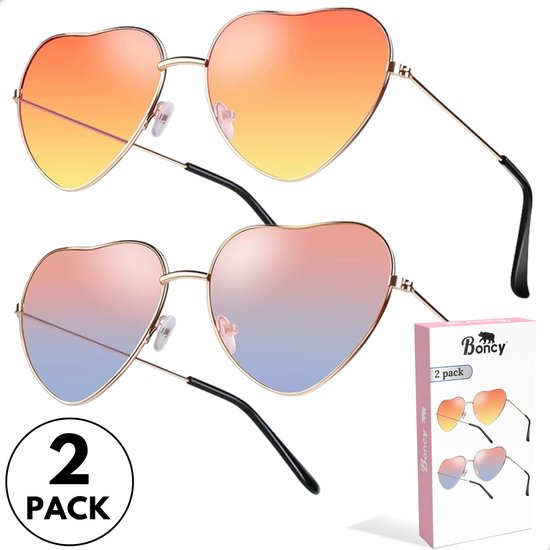 Boncy® Hartjes Zonnebril Dames & Heren - Zonnebrillen 2-Pack Gradient - Hartjesbril Sunglasses Gepolariseerd Fietsbril Sportbril - Festival Rave & Party Bril - Fietsbrillen Sportbrillen van Merkloos
