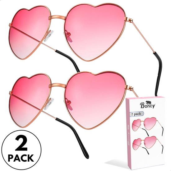 Boncy® Hartjes Zonnebril Dames & Heren - Zonnebrillen 2-Pack Roze - Hartjesbril Sunglasses Gepolariseerd Fietsbril Sportbril - Festival Rave & Party Bril - Fietsbrillen Sportbrillen van Merkloos