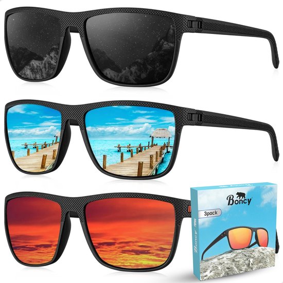 Boncy® Skyline Zonnebril Heren & Dames - Zonnebrillen 3-Pack - Sunglasses Gepolariseerd Fietsbril Sportbril - Festival Rave & Party Bril - Fietsbrillen Sportbrillen van Merkloos