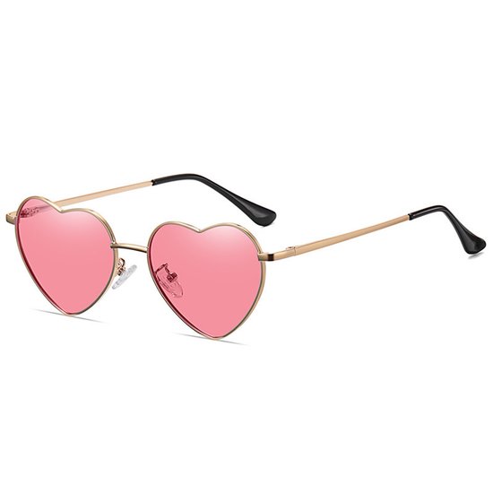 Bril hartjesvorm - Zonnebril - Heart shaped sunglasses - Carnaval - Verkleedkleding - Party glasses - Feestbril - Grappige/gekke bril - Hippie bril - Roze met gouden montuur - Jonyx