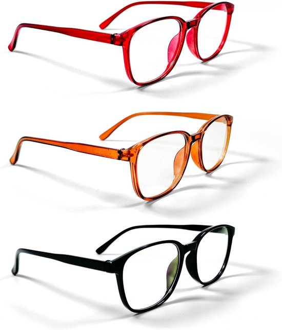 Brillen Zonder Sterkte - Nerd Zonnebril - Mode Accessoire - Drie Delige Set - Uniseks Volwassen - Zwart Bruin Rood