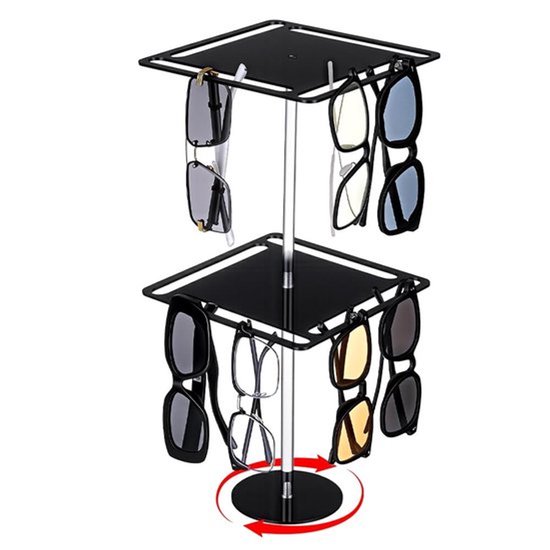 Brillenrek 360° Roterend - Zwarte Zonnebril Organizer - 2-Laags Acryl - Brillen Display Stand - Afmetingen 18x18x40,9 cm - Voor Tafelblad/Dressoir - Brillenstandaard