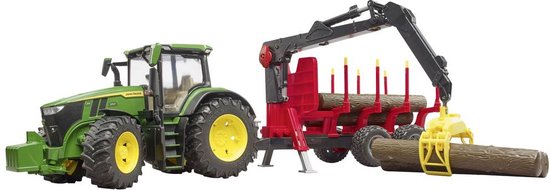 Bruder 03154 John Deere 7R 350 Tractor met Aanhanger en 4 Boomstammen - Realistische Details, Openende Deuren, Functionele Laadkraan, Geschikt voor Kinderen vanaf 3 Jaar van BRUDER