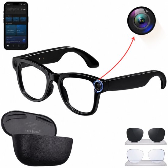 Camera Bril met Oplaadhoes – Sony 8MP 4K HD – 3600mAh Lange Batterijduur – Slimme Bril met Verborgen Camera – Smart Glasses met NL-app, Vertaalfunctie & Muziek – Spy Camera – AI bril