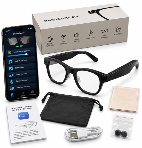 Camerabril - AI Bril met Camera - AI Smart Glasses met Camera – Met App - Slimme Bril met AI Assistent, Live Vertaling, Beeldherkenning, Foto & Video, Spraakbediening en WiFi – Zwart
