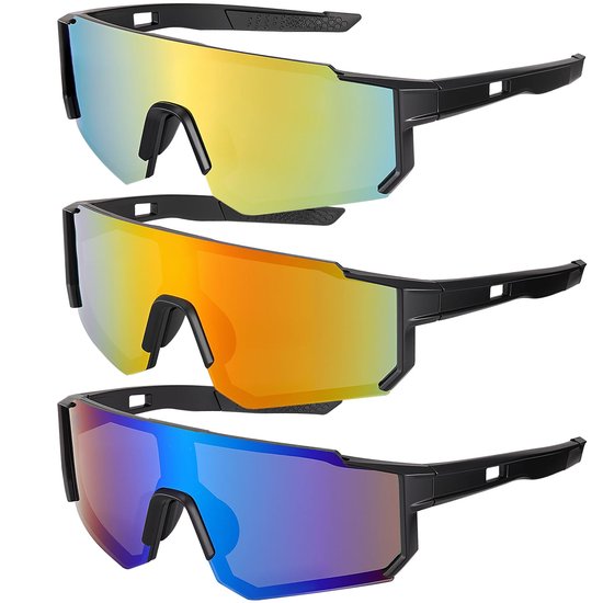 COOAU - 3-delige Sportzonnebril Set - UV 400 Fietsbril en Loopbril - Voor Heren en Dames - Geschikt voor MTB, Racefiets, Skiën, Golf & Rave - Snelle Bril met Bescherming - Outdoor Sportbril