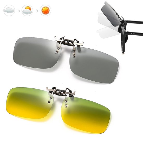 Dailygoods - Dailygoody - Zonnebrilclips - Gepolariseerde clip-on zonnebril - Uniseks - Grijs en geel - Opzetstuk voor brildragers - Geschikt voor de meeste zonneb