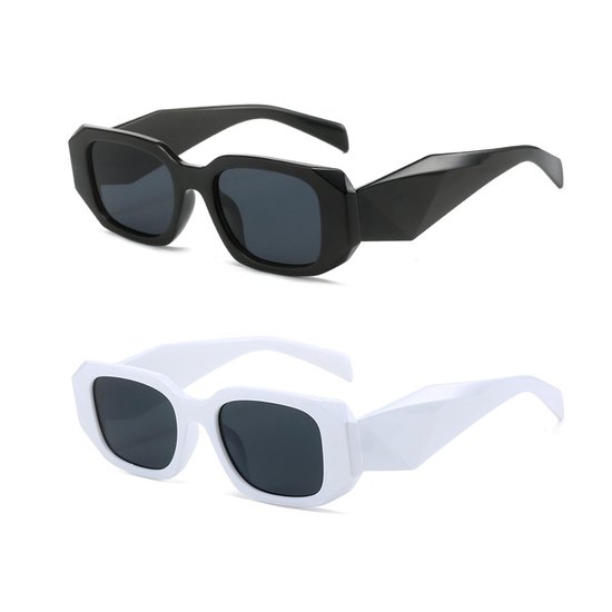 Dailygoods- Zonnebrillen 2 stuks - Vierkante/zwarte/witte zonnebrillen - Polycarbonaat - Lichtgewicht/schokbestendig - Retro jaren '90 - Goede lichtdoorlatendheid - Fashion Sunglasses