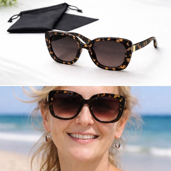 Dames bruine zonnebril oversized / bril UV400 / grijze glazen / inc. brillendoekje en zachte etui / lunettes de soleil / bril cat 3 van gerecycled polyester / NDL 9398 Aland optiek van Merkloos