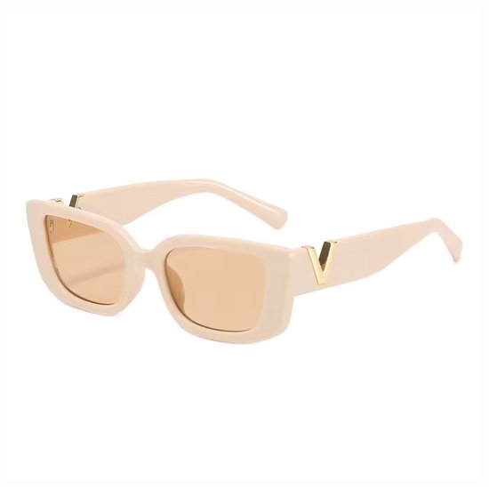 Dames Zonnebril - Designer - Beige - Rechthoekig - Gouden Detail - Mode van Merkloos