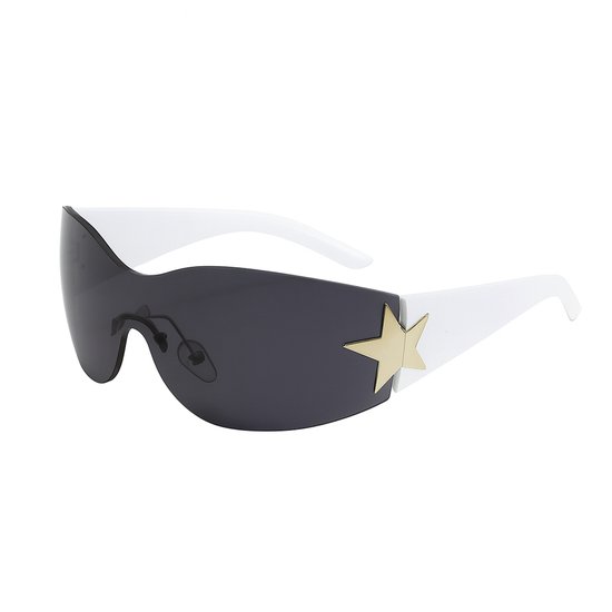 Dames Zonnebril – Oversized Shield Model – Witte Pootjes – Donkere Glazen – Zilverkleurige Sterdetails van Guess