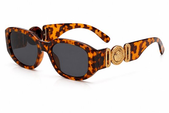 Dames Zonnebril | Rechthoekige Zonnebril | Bruin Gevlamd Montuur | Zwarte Glazen | UV400 Bescherming | Retro Bril | Vintage Eyewear | Festival Bril | Rave Bril | Carnaval Bril | Zomer Bril | Goud Detail | Sunglasses | Trendy Dames Bril