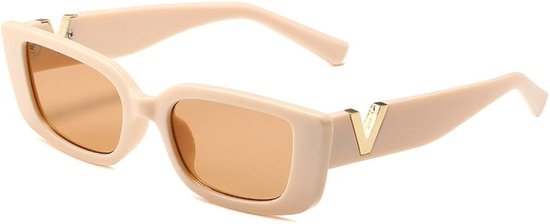 Dames Zonnebril | Trendy Dames Eyewear |Dames bril | bril | brillen | zonnebril | zomer bril |Zonnebril - Rechthoekig Model - Beige Montuur - Lichte Glazen - Bril - Met V - Goud | Sunglasses | Festival Bril | Rave Bril | Beige /Tea Zonnebril