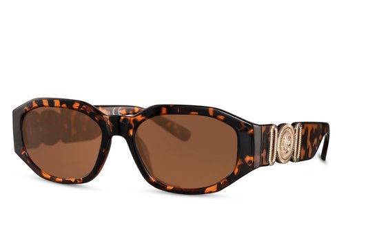 Dames Zonnebril | Trendy Dames Eyewear |Dames bril |bril| brillen| zonnebril | zomer bril |Zonnebril - Rechthoekig Model - Bruin Montuur - Bruine Glazen - Bril - Met V - Goud | Sunglasses |Festival Bril |Rave Bril | Bruine | Goud | Gevlamde Zonnebril