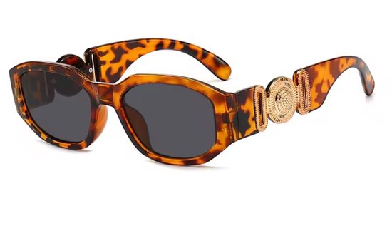 Dames Zonnebril | Trendy Dames Eyewear |Dames bril |bril| brillen| zonnebril | zomer bril |Zonnebril - Rechthoekig Model - Bruin Montuur - Zwarte Glazen - Bril - Met V - Goud | Sunglasses |Festival Bril |Rave Bril | Bruine | Goud | Gevlamde Zonnebril