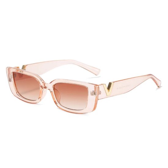Dames Zonnebril | Trendy Dames Eyewear |Dames bril | bril | brillen | zonnebril | zomer bril |Zonnebril - Rechthoekig Model - Roze Montuur - Lichte Glazen - Bril - Met V - Goud | Sunglasses | Festival Bril | Rave Bril | Champagne Roze Zonnebril van Merkloos