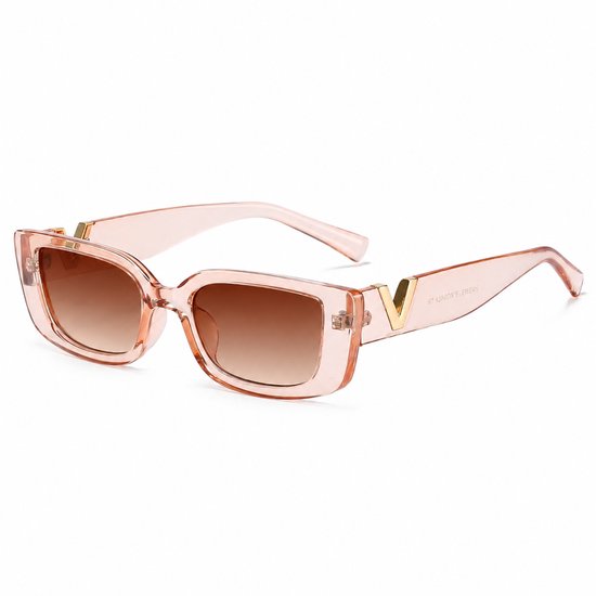 Dames Zonnebril | Trendy Dames Eyewear |Dames bril | bril | brillen | zonnebril | zomer bril |Zonnebril - Rechthoekig Model - Roze Montuur - Lichte Glazen - Bril - Met V - Goud | Sunglasses | Festival Bril | Rave Bril | Champagne Roze Zonnebril