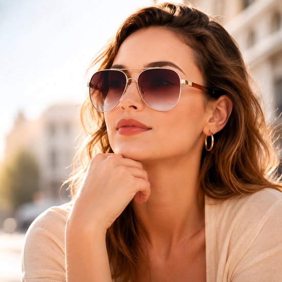 Dames Zonnebril Zonder Sterkte – Modieuze Theeroze Zonnebril met UV Bescherming