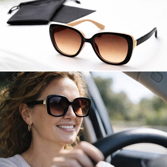 Dames zwarte zonnebril oversized / bril UV400 / bruine gradient glazen / inc. brillendoekje en zachte etui / lunettes de soleil / bril cat 2 van gerecycled polyester / NDL 9483 Aland optiek van Merkloos
