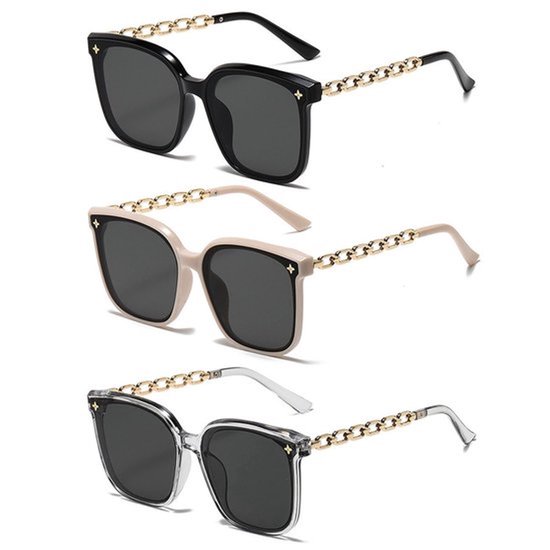 Dameszonnebril Oversized - Retro/Vierkante Zonnebril - UV400 Bescherming - 3 Stuks - Lichtgewicht Kunststof - Modeaccessoire