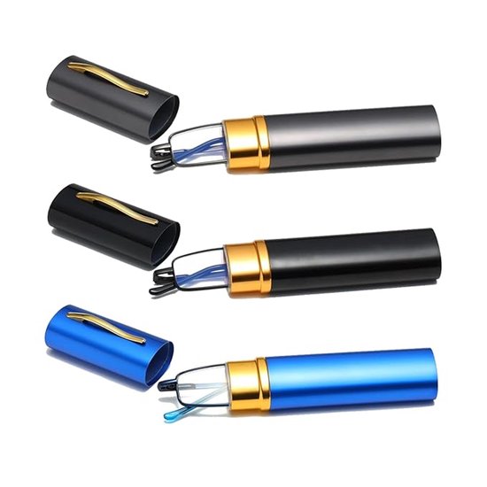 Driedelige ultradunne metalen leesbril, geschikt voor zowel mannen als vrouwen, met een draagbaar etui - 2,0 dioptrie (zwart + grijs + blauw)