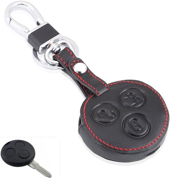 Echt leren hoesje voor Mercedes Benz Smart Auto 3 knop stad Roadster Fortwo Forfour - Luxe beschermhoesje met sleutelhanger van Merkloos