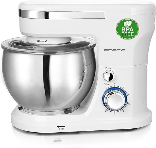 EMERIO KM-123117 - Keukenmachine, kneedmachine, roermachine met 5 liter roestvrijstalen kom + 3 roergereedschappen + spatbescherming met vulopening, 1000 Watt power, 6 snelheden + Pulse Retro, BPA vrij, Wit van Emerio