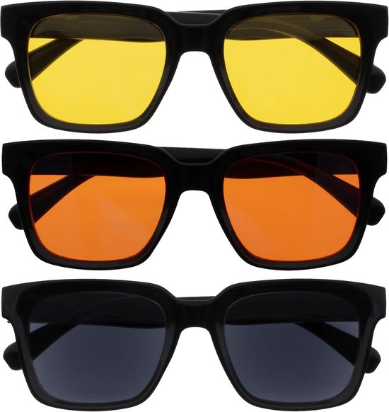 ERA Zonnebril – Gele Oranje Zwart Lenzen – 3-pack - Antireflectie, niet-verblindend Gepolariseerd UV400 – Oversized rechthoekig montuur – Veerscharnieren – Zwart – Heren Dames
