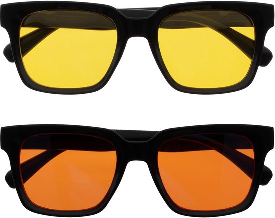 ERA Zonnebril – Gele/Oranje Lenzen – 2 Stuks – Ontspiegeld – gepolariseerde UV400 – oversized rechthoekig montuur – veerscharnieren – Zwart – heren dames