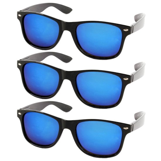 Fako Fashion® - 3x Heren Zonnebril - Dames Zonnebril - Classic - UV400 - Mat Zwart - Blauwe Spiegelglazen - 3 Stuks van Fako Fashion®