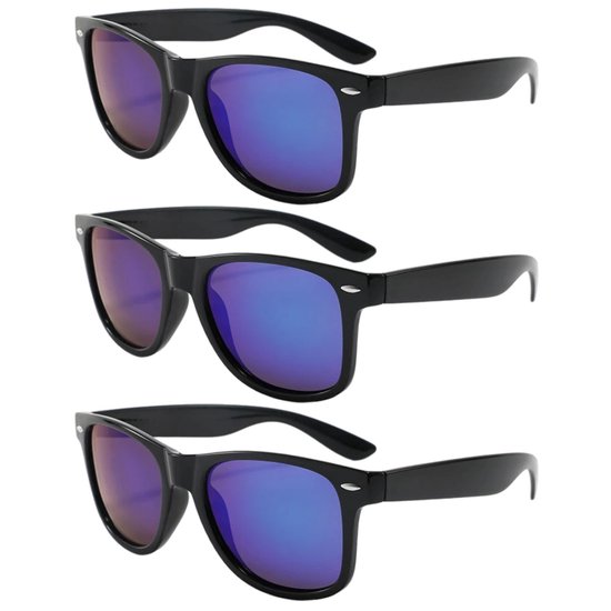 Fako Fashion® - 3x Heren Zonnebril - Dames Zonnebril - Classic - UV400 - Mat Zwart - Blauw/Groene Spiegelglazen - 3 Stuks van Fako Fashion®