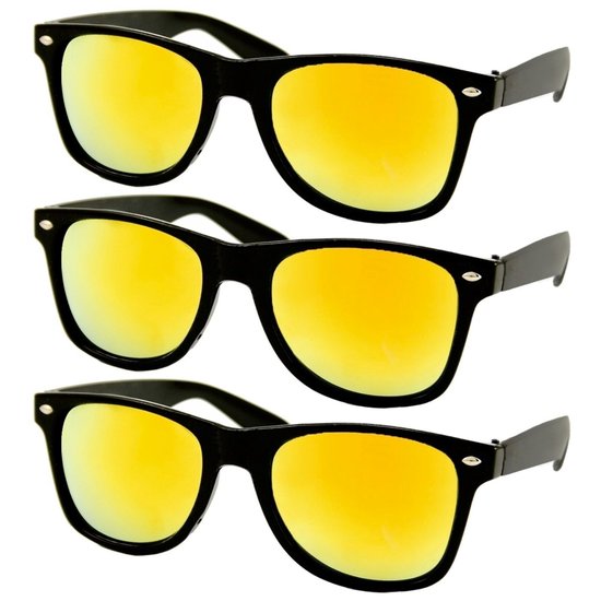 Fako Fashion - 3x Heren Zonnebril - Dames Zonnebril - Classic - UV400 - Mat Zwart - Goudkleurige Spiegelglazen - 3 Stuks van Merkloos