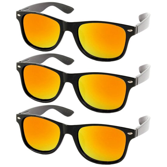 Fako Fashion - 3x Heren Zonnebril - Dames Zonnebril - Classic - UV400 - Mat Zwart - Goud/Rode Spiegelglazen - 3 Stuks van Merkloos