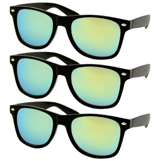 Fako Fashion - 3x Heren Zonnebril - Dames Zonnebril - Classic - UV400 - Mat Zwart - Groen/Gele Spiegelglazen - 3 Stuks van Fako Fashion®