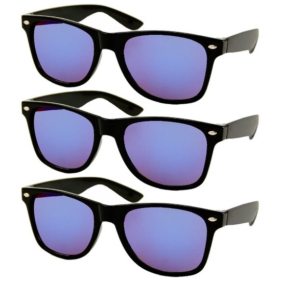 Fako Fashion - 3x Heren Zonnebril - Dames Zonnebril - Classic - UV400 - Mat Zwart - Paarse Spiegelglazen - 3 Stuks van Merkloos