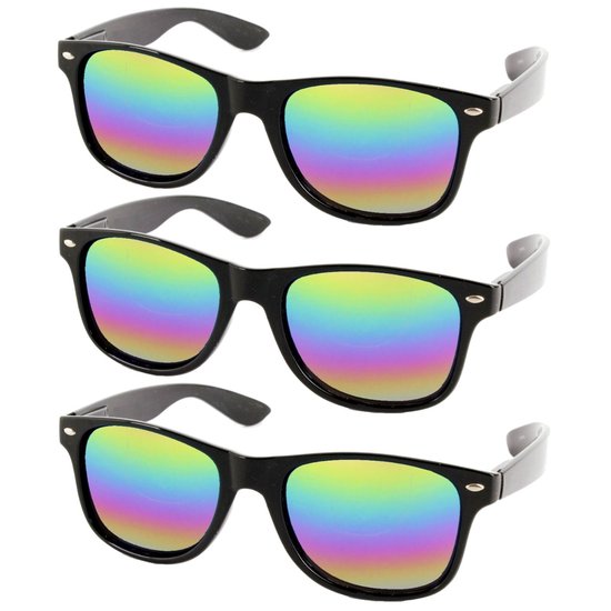 Fako Fashion - 3x Heren Zonnebril - Dames Zonnebril - Classic - UV400 - Mat Zwart - Regenboog Spiegelglazen - 3 Stuks van Merkloos